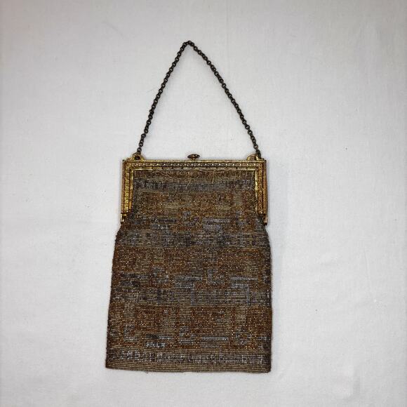 Antique 1900s French Micro-Steel Seed Bead Purse Gold Toned Metal Frame AS IS - Picture 5 of 14